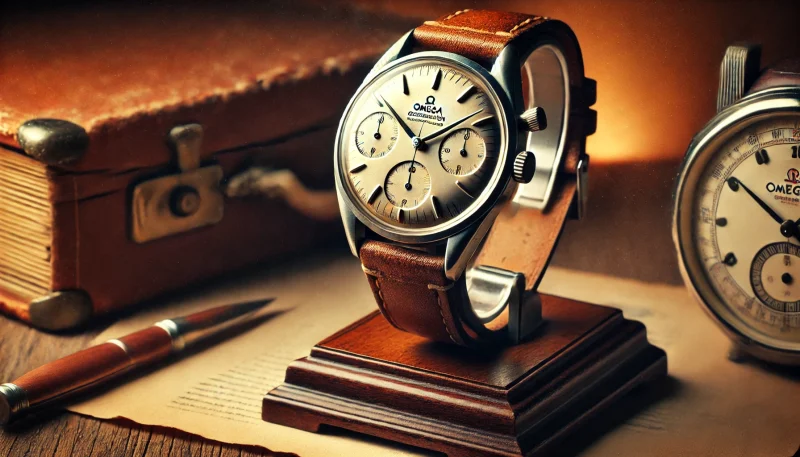 ヴィンテージのオメガ コンステレーションがクラシックな木製ディスプレイに置かれている
