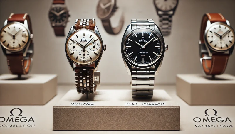 オメガ コンステレーションのヴィンテージモデルと現行モデルが並んで展示されている