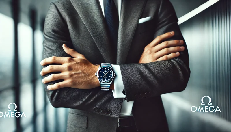 オメガ コンステレーションを着けたスーツ姿の男性が腕を組んでいる