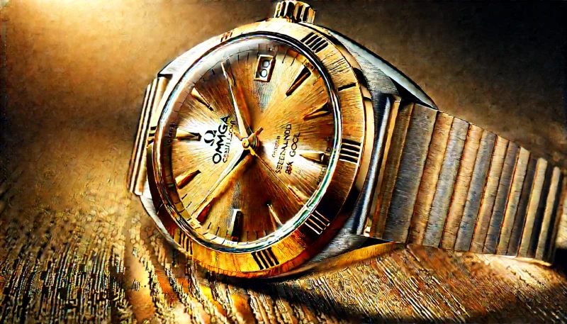 オメガ コンステレーションのセドナゴールドと18Kゴールドのケースのクローズアップ