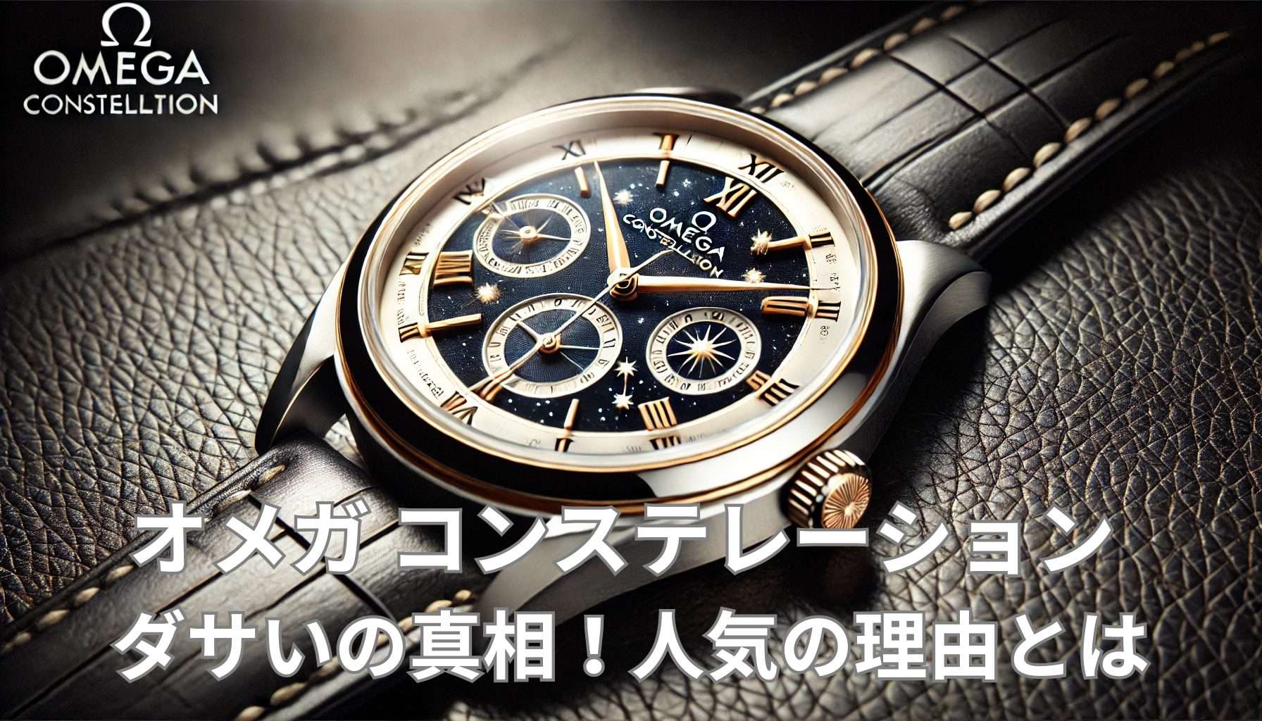 高級感のあるオメガ コンステレーションの腕時計が黒いレザーの上に置かれている。ステンレススチールとゴールドのケースに、ローマ数字のベゼルと星をモチーフにした洗練された文字盤が特徴的。