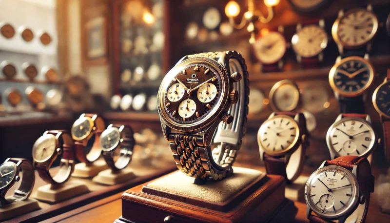ヴィンテージのオメガ コンステレーションがディスプレイされたアンティークショップの風景
