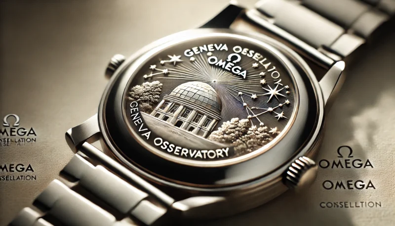 オメガ コンステレーションのケースバックに刻まれた天文台と星のモチーフのクローズアップ