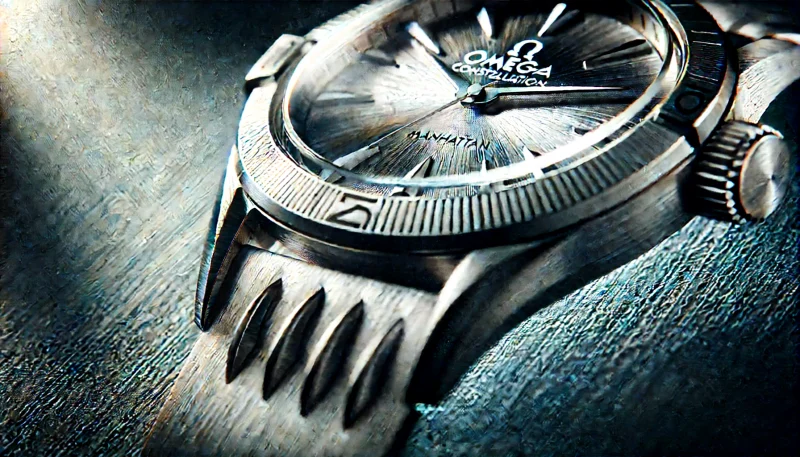 オメガ コンステレーション マンハッタンのグリフ（爪）付きデザインのクローズアップ