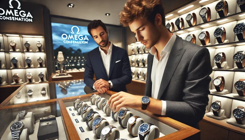 高級時計専門の中古販売店でオメガ コンステレーションを選ぶ男性