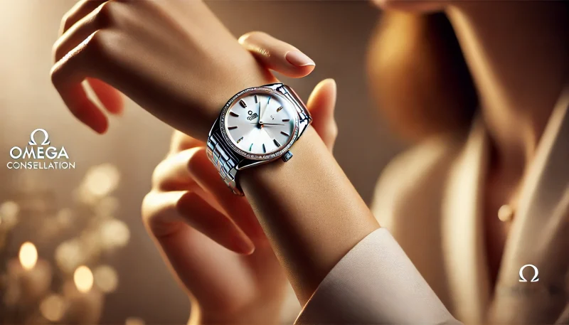 オメガ コンステレーションのレディースモデルを着けた洗練された女性の手元