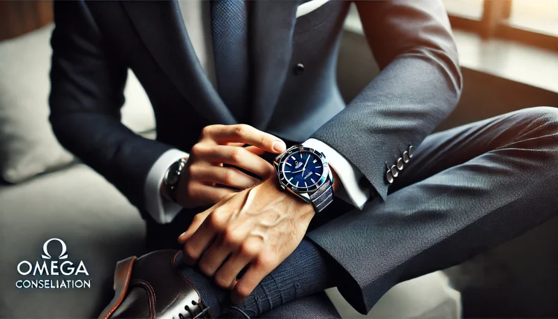 スーツスタイルにオメガ コンステレーションを合わせた洗練されたコーディネート