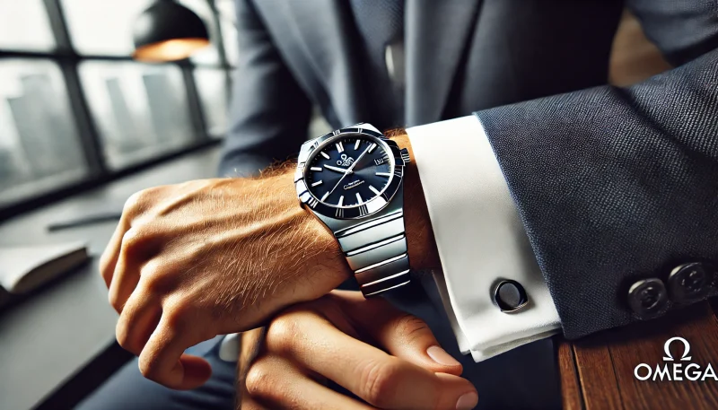 オメガ コンステレーションを着けたスーツ姿の男性の手元