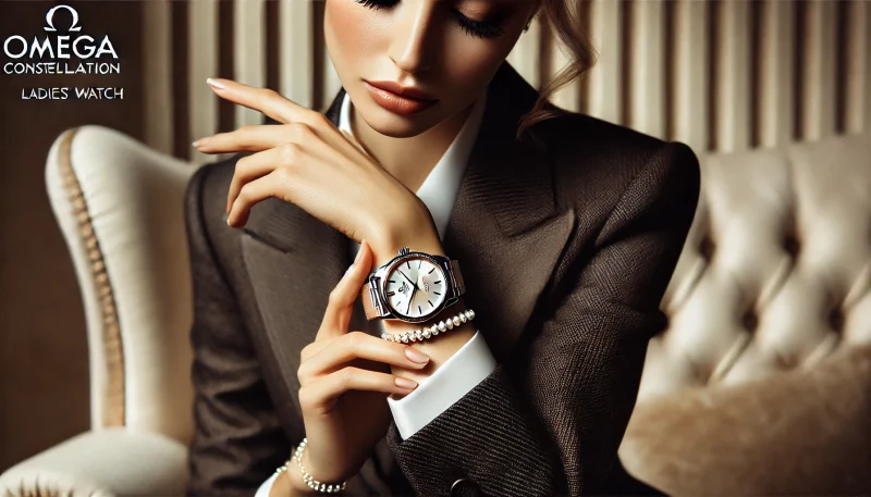 オメガ コンステレーションのレディースモデルを身に着けた上品な女性