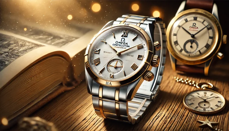 メガ コンステレーションの腕時計が、豪華な木製の表面に配置され、柔らかな光がステンレススチールとゴールドの仕上げを引き立てている。文字盤には特徴的なベゼルの爪、ローマ数字、そして星座を象徴する刻印が施されている。背景には、1950年代のヴィンテージオメガと、歴史的な時計デザインが描かれた開いた本が置かれ、コンステレーションシリーズの豊かな伝統を象徴している。
