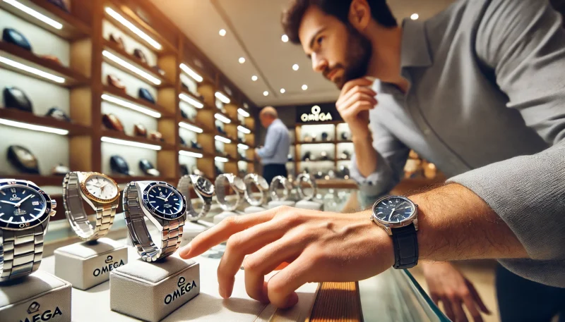 中古時計店でオメガ コンステレーションを選ぶ男性の手元