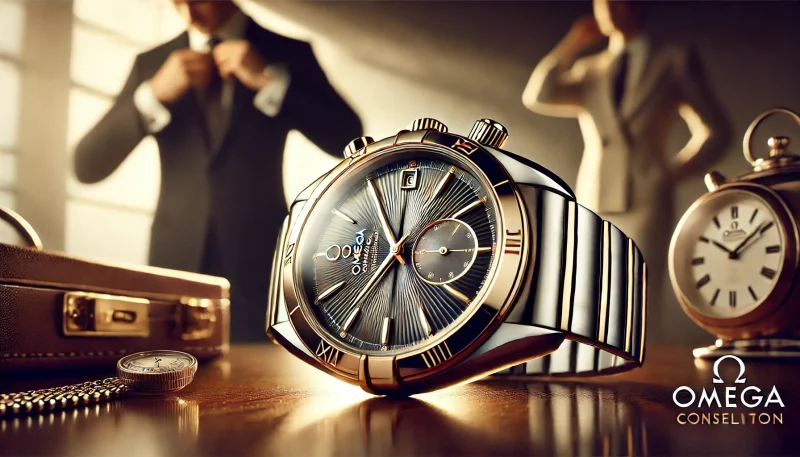 メガ コンステレーションの高級腕時計が、磨かれた木製の表面に美しく配置されている。柔らかな光がステンレススチールとゴールドのデザインを引き立て、洗練された文字盤にはローマ数字が刻まれている。背景には、ネクタイを整えるビジネスマンとエレガントなドレスを着た女性のぼやけた姿が映り、時計の持つタイムレスな魅力を表現している。