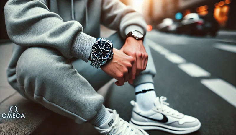 カジュアルなストリートファッションにオメガ コンステレーションを合わせた違和感のあるコーディネート