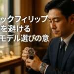 高級時計パテックフィリップを手に取る日本人男性が、自然光の差す高級ブティックで腕時計を見つめる様子を16:9構図でリアルに表現した画像。ブランド選びの重要性を象徴する。